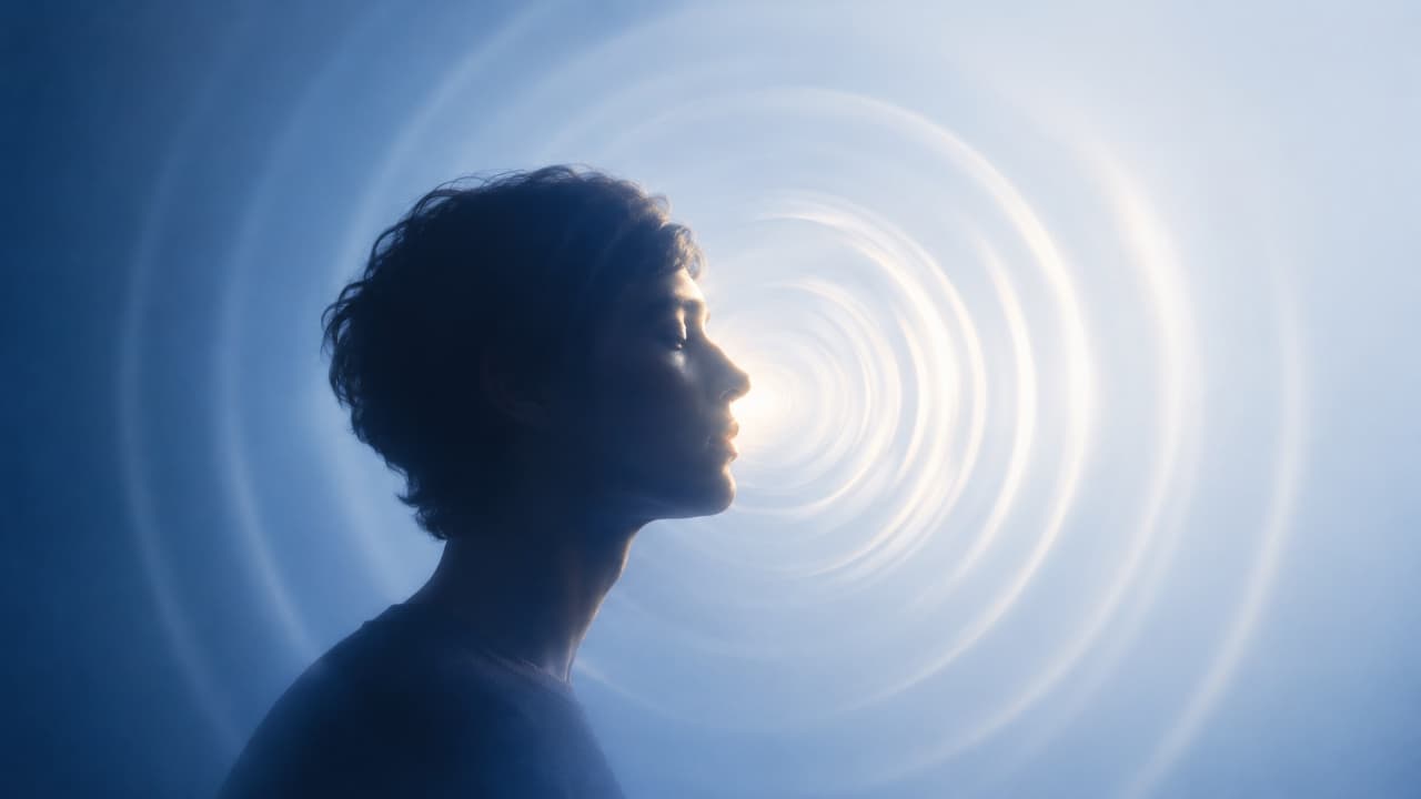 A calm profile with sound waves radiating out from where the words form